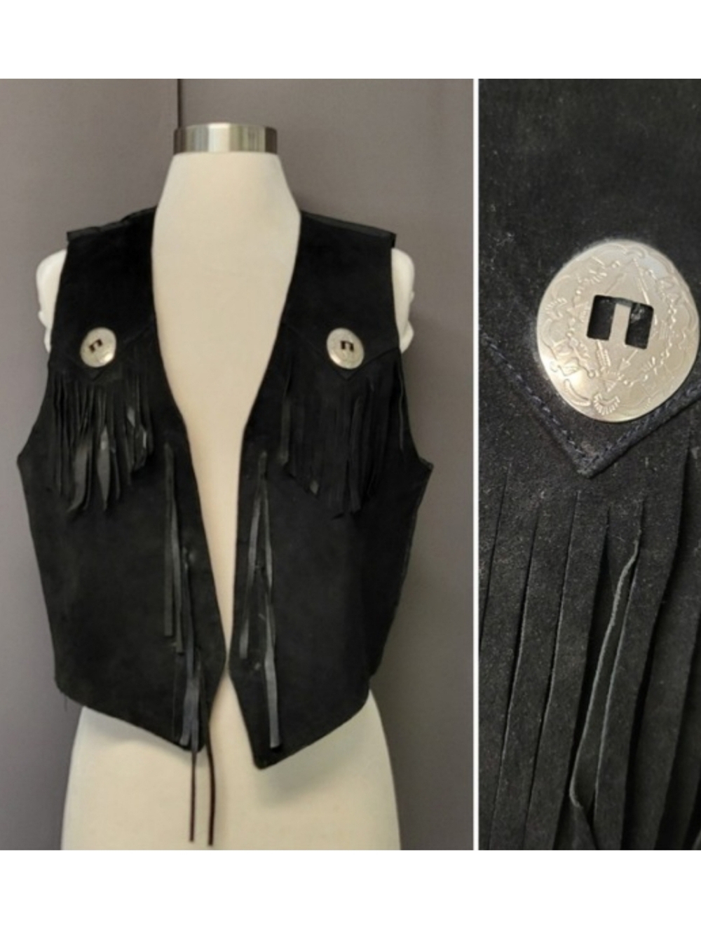 Vintage 70s Gitano Suede Fringe Vest Black Western Concho Boho Medium